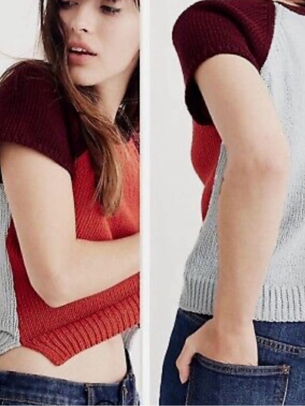 Madewell Colorblock Short-Sleeve Crew Sweater in Maroon, Rust & Light Gray